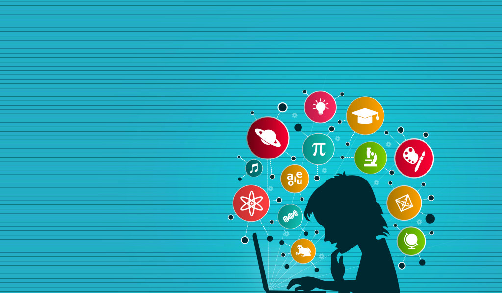 A Child Learning On-Line - Study and Knowledge graphics above her head