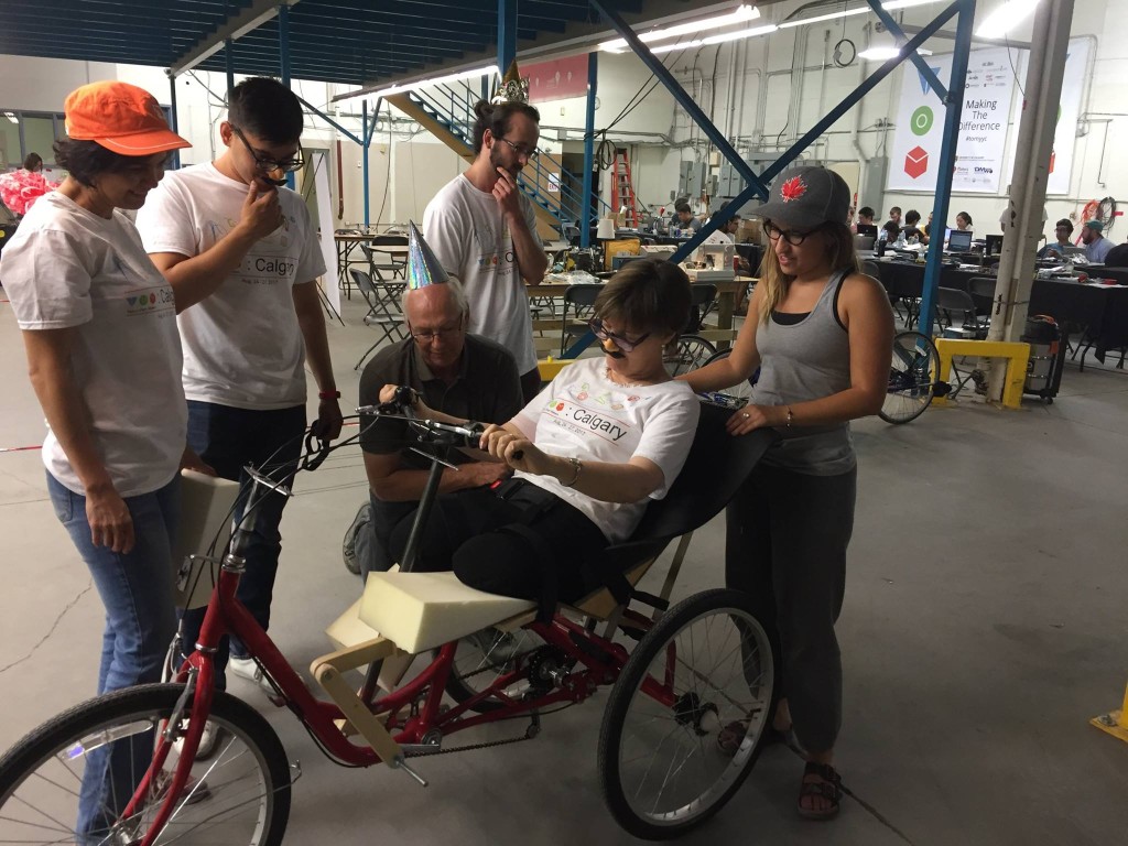 From the Makeathon, 'Team Homegrown Cyclone' worked to make an exercise bike accessible for a double knee amputee.