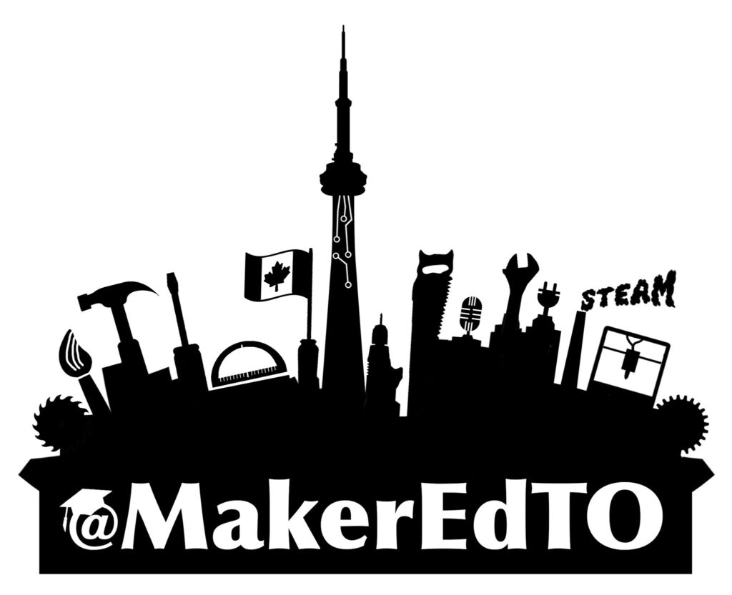 Black silhouette of CN Tower, tools, and Canadian flag with "MakerEdTO" in white text