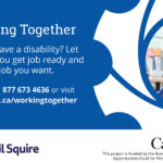 Working Together graphic, with a man in a wheelchair at a desk