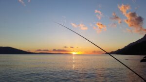 Water body in the background, with the setting sun. A fishing rod in the foreground