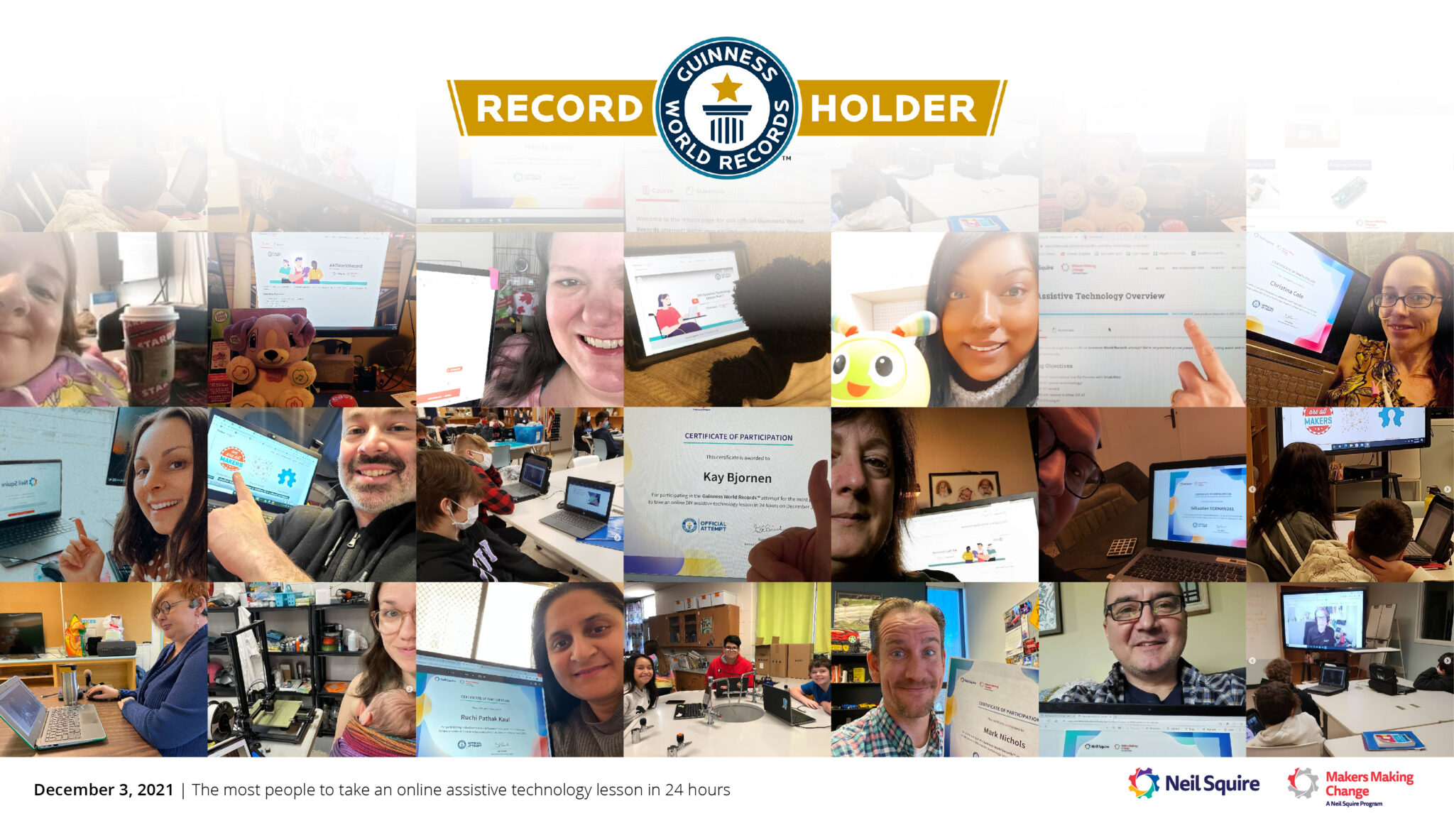 a collage of people who took part in our Guinness World Records title for the most people to take an online assistive technology lesson in 24 hours, with the official GUINNESS WORLD RECORDS record holder seal