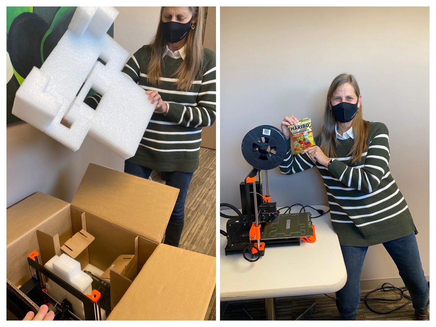 Lori unboxing a 3D printer, which also has a bag of Haribo candies in it