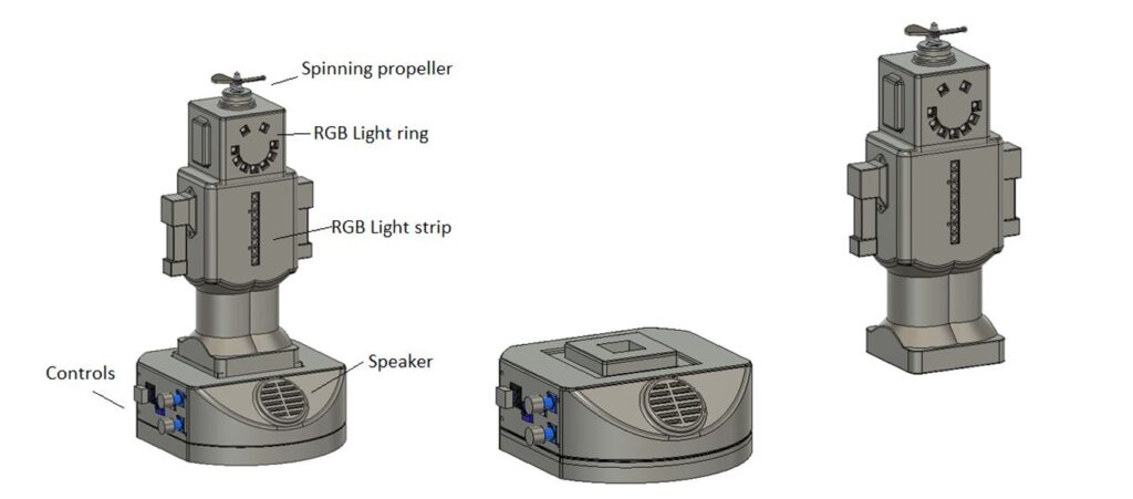 a diagram of the OpenAT 3D Printed Toy, demonstrating the features of the robot toy, including a spinning propeller, an RGB Light Ring for the smiley face light-up display on the head, an RGB Light Strip light-up display on the chest, as well as the speakers and control on the platform it stands on