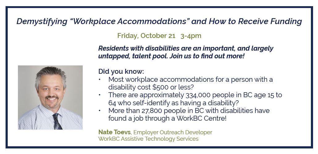 a poster for a WorkBC Assistive Technology Services event. Text in event posting