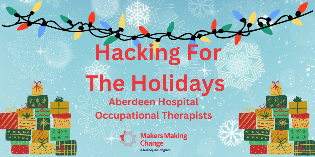 "Hacking for the Holidays" text with Christmas lights and snowflakes on a blue background