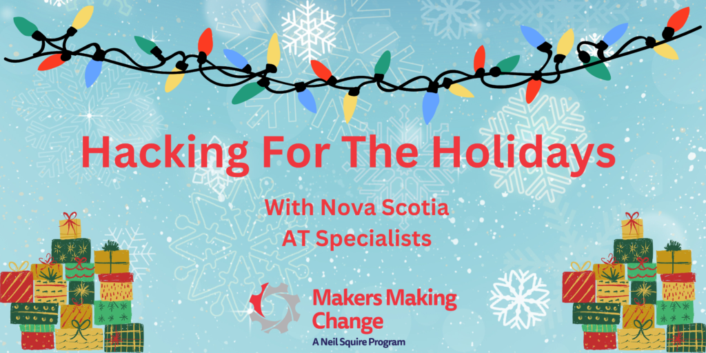 "Hacking for the Holidays" text with Christmas lights and snowflakes on a blue background