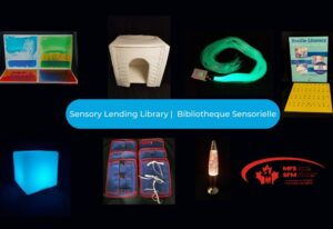 Sensory Lending Library graphic with images of multiple assistive devices