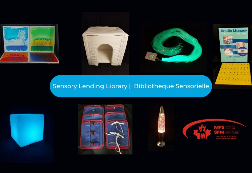 Sensory Lending Library graphic with images of multiple assistive devices