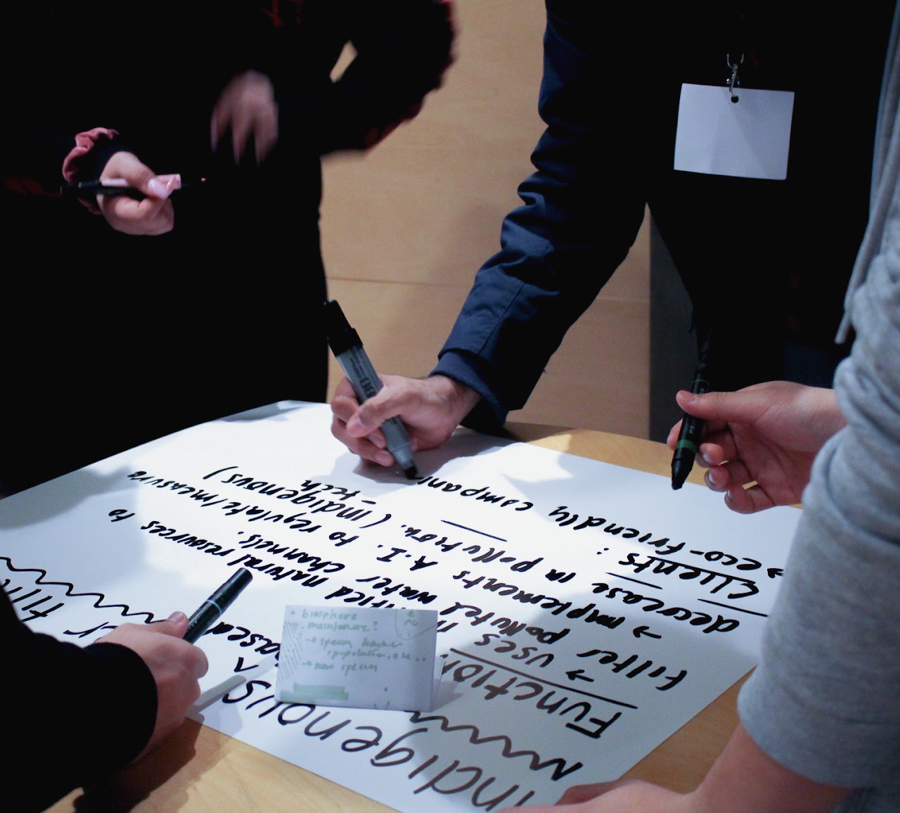 People writing on a poster with markers.