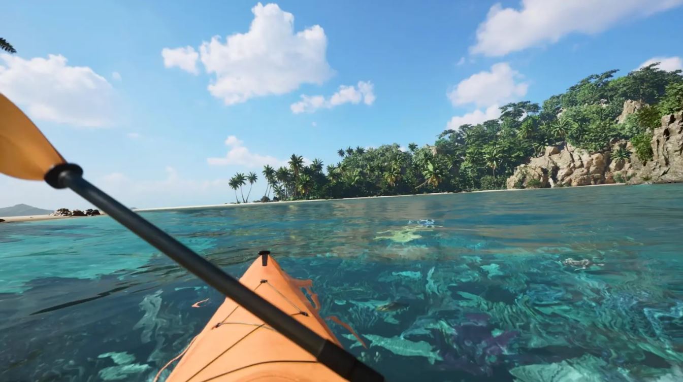 A screenshot of Kayak VR Mirage gameplay showing a first-person view of riding a kayak.