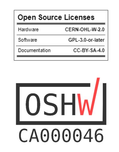 The Open Source Licenses, which indicates the Hardware is CERN-OHL-W-2.0, Software GPL-3.0-or-later, and Documentation CC-BY-SA-4.0, as well as Open Source Hardware Association UID C000046.