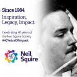 An image of Neil using a sip and puff device. Text: Since 1984; Inspiration, Legacy, Impact; Celebrating 40 years of the Neil Squire Society. #40YearsOfImpact