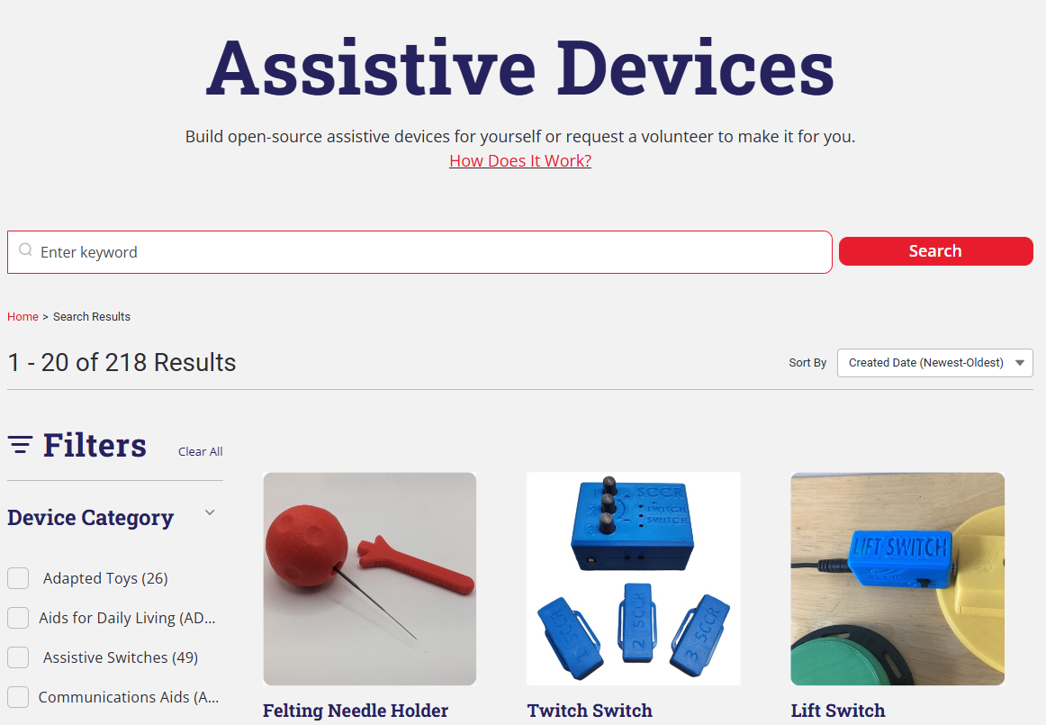 A screenshot of the Makers Making Change Assistive Device Library.