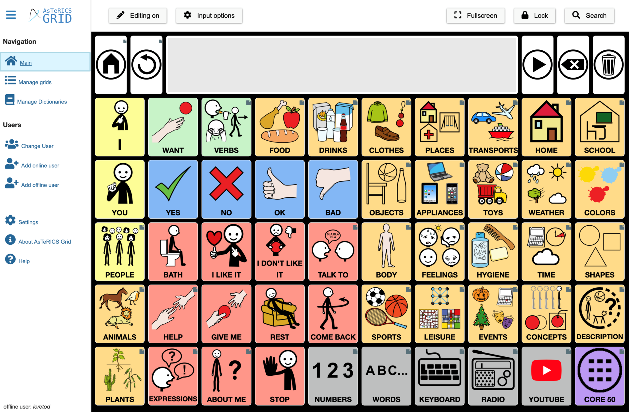 A screenshot of the AsTeRICS Grid AAC app.