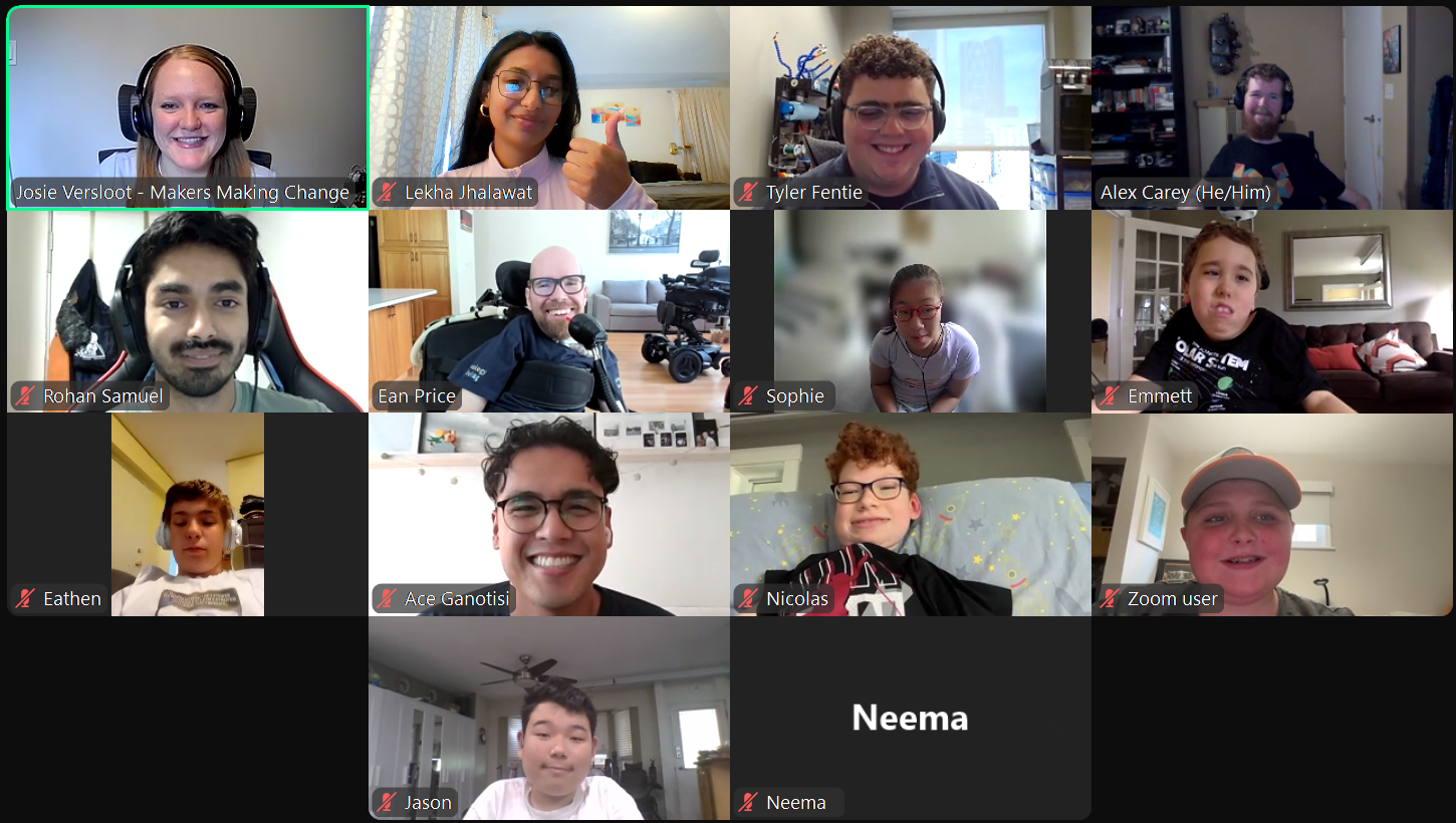 A screenshot of the Zoom session featuring all the camp participants, as well as Makers Making Change and Technology for Living staff.