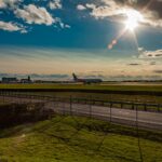 An airplane takes off at an airport.