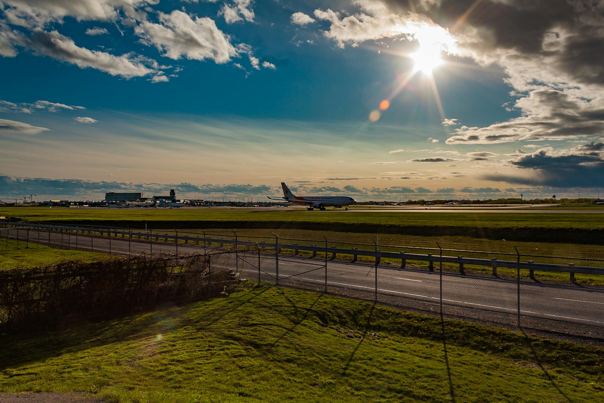 An airplane takes off at an airport.